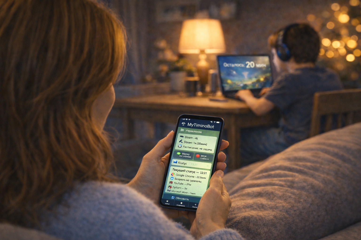 Родитель управляет игровым временем ребёнка с телефона через Telegram и MAX